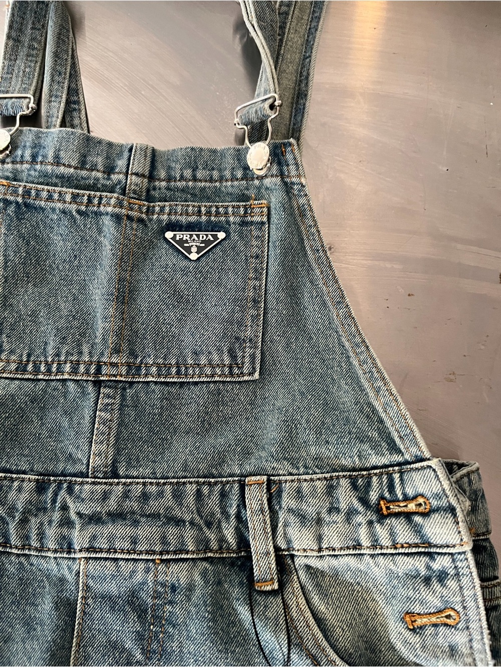 Prada Light Blue Denim Overall Dress with Logo Bib - Picture 2 of 5